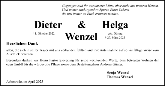 Traueranzeige von Dieter und Helga Wenzel von Braunschweiger Zeitung