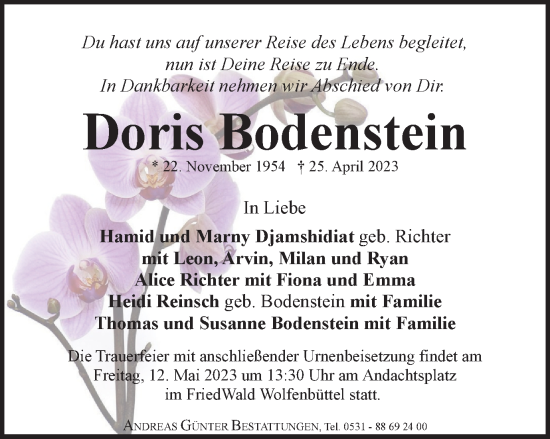 Traueranzeige von Doris Bodenstein von Braunschweiger Zeitung