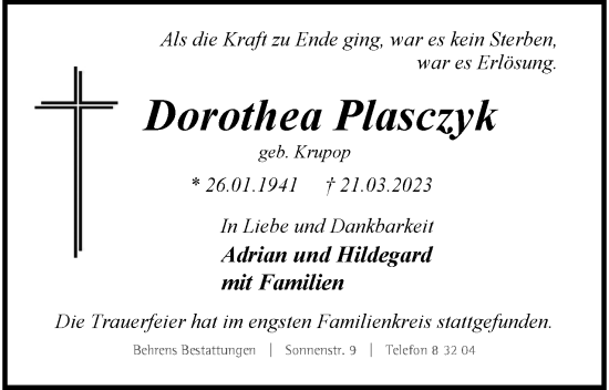 Traueranzeige von Dorothea Plasczyk von Neue Braunschweiger am Samstag