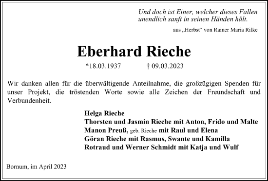 Traueranzeige von Eberhard Rieche von Wolfenbütteler Zeitung