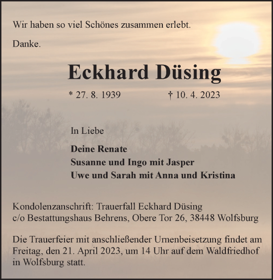 Traueranzeige von Eckhard Düsing von Wolfsburger Nachrichten