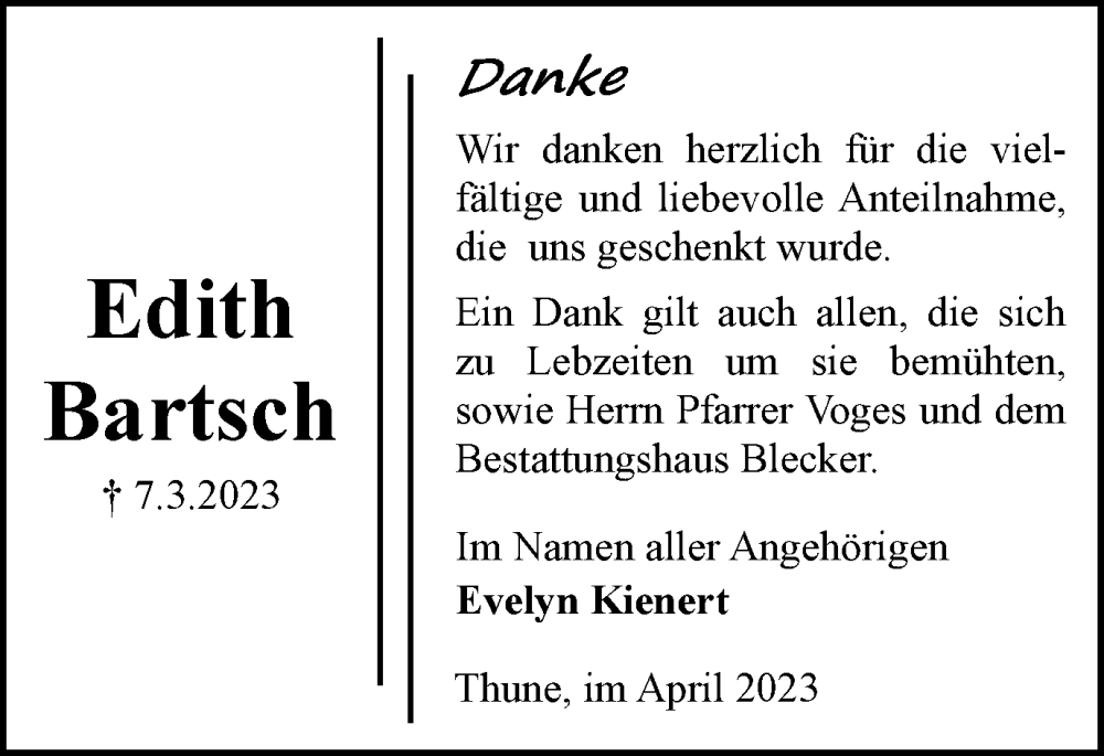  Traueranzeige für Edith Bartsch vom 08.04.2023 aus Braunschweiger Zeitung