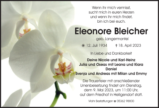 Traueranzeige von Eleonore Bleicher von Wolfsburger Nachrichten