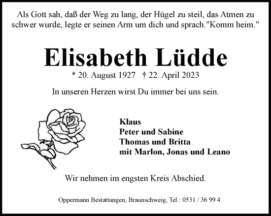 Traueranzeige von Elisabeth Lüdde von Braunschweiger Zeitung