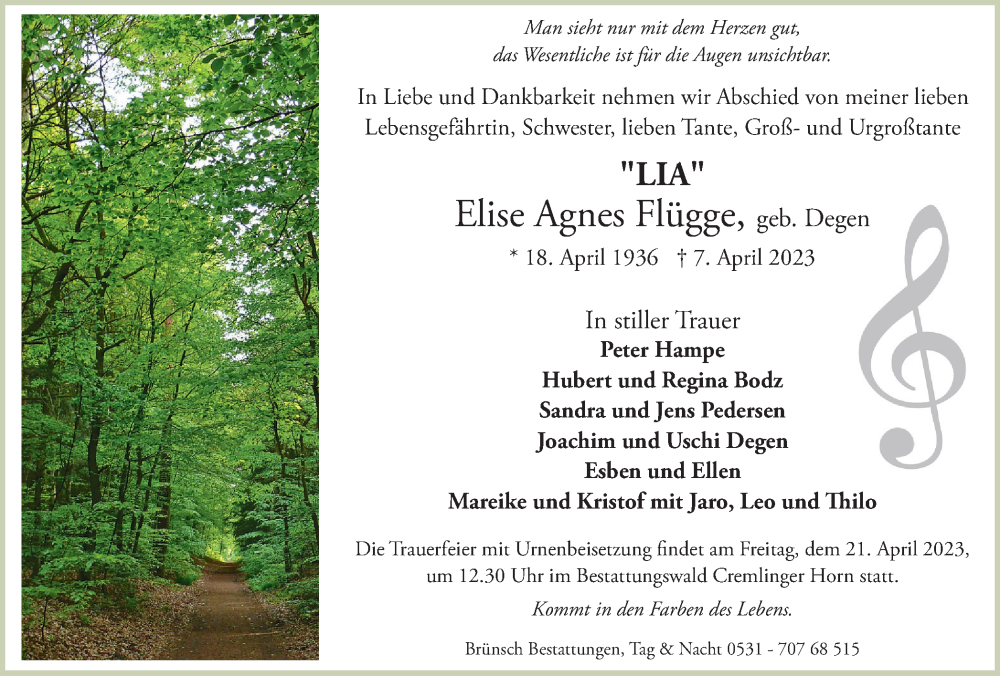  Traueranzeige für Elise Agnes Flügge vom 15.04.2023 aus Braunschweiger Zeitung