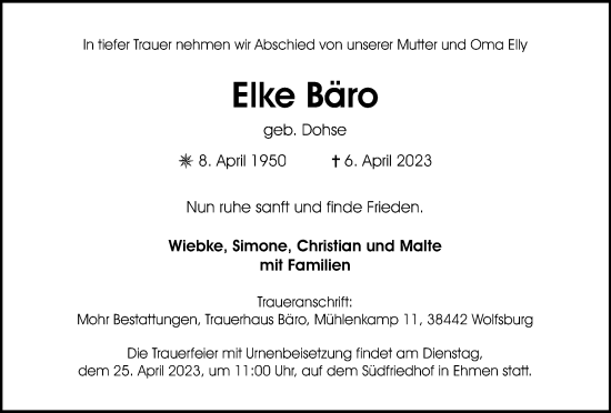 Traueranzeige von Elke Bäro von Wolfsburger Nachrichten