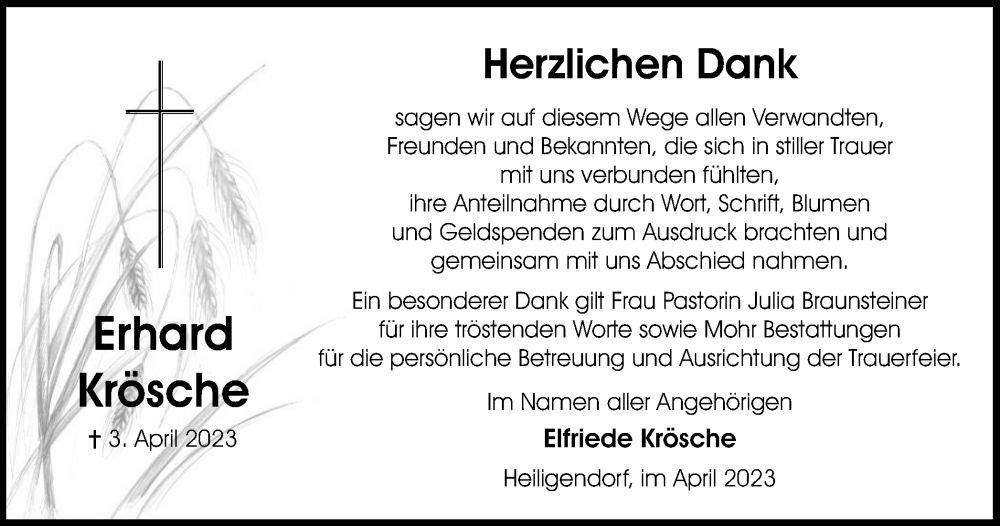  Traueranzeige für Erhard Krösche vom 22.04.2023 aus Wolfsburger Nachrichten