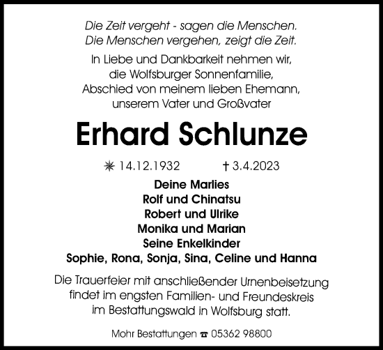Traueranzeige von Erhard Schlunze von Wolfsburger Nachrichten