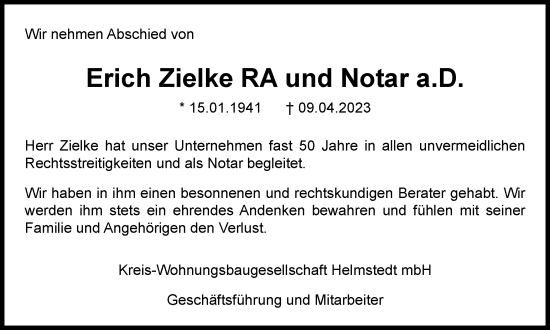 Traueranzeige von Erich Zielke von Helmstedter Nachrichten