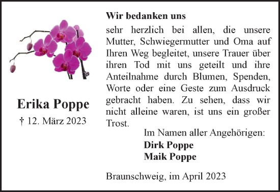 Traueranzeige von Erika Poppe von Braunschweiger Zeitung
