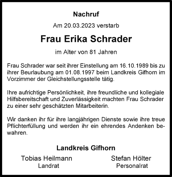 Traueranzeige von Erika Schrader von Wolfsburger Nachrichten