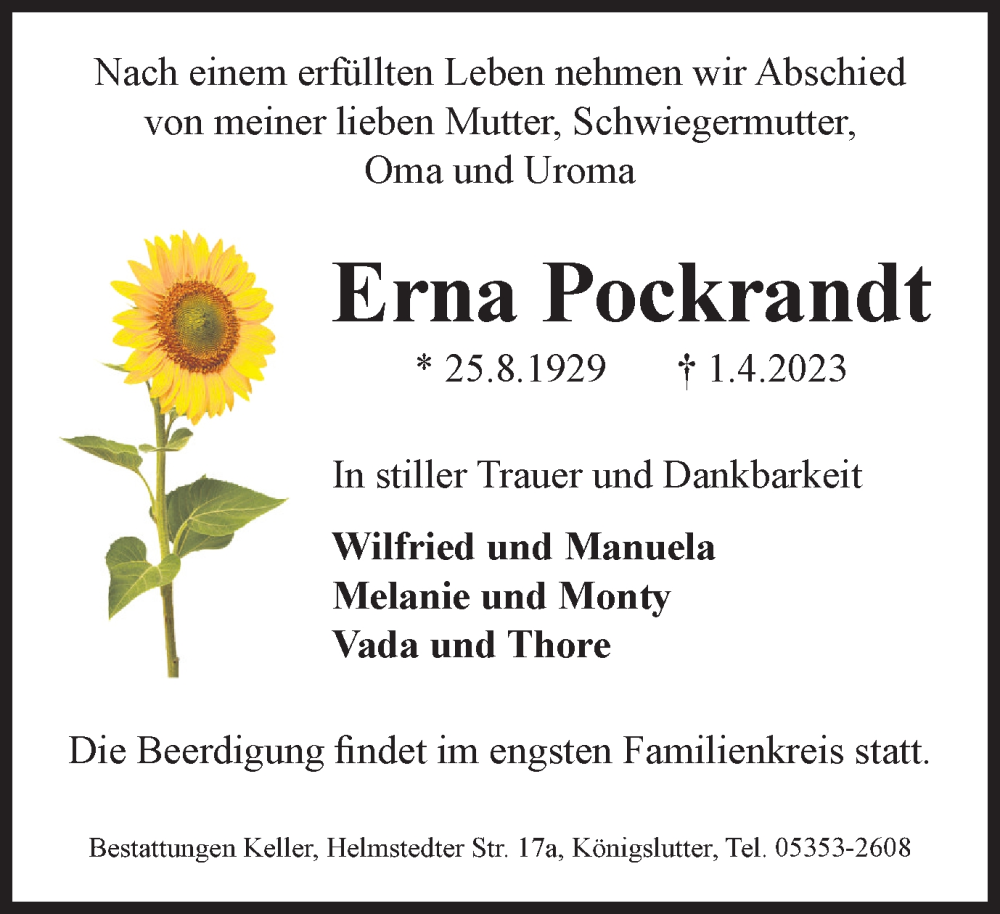  Traueranzeige für Erna Pockrandt vom 11.04.2023 aus Helmstedter Nachrichten