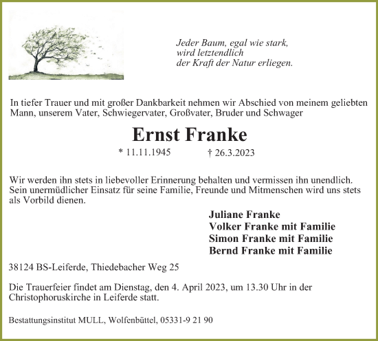 Traueranzeige von Ernst Franke von Braunschweiger Zeitung