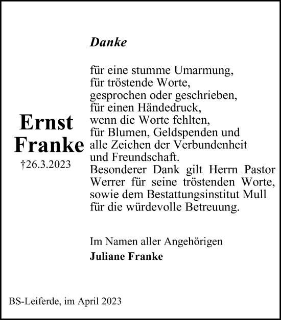 Traueranzeige von Ernst Franke von Braunschweiger Zeitung