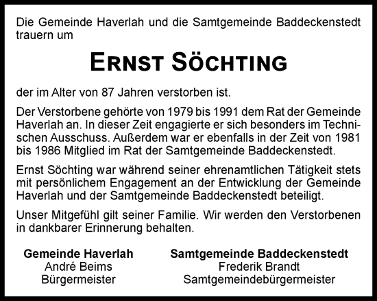 Traueranzeige von Ernst Söchting von Salzgitter-Zeitung