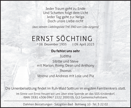 Traueranzeige von Ernst Söchting von Salzgitter-Zeitung