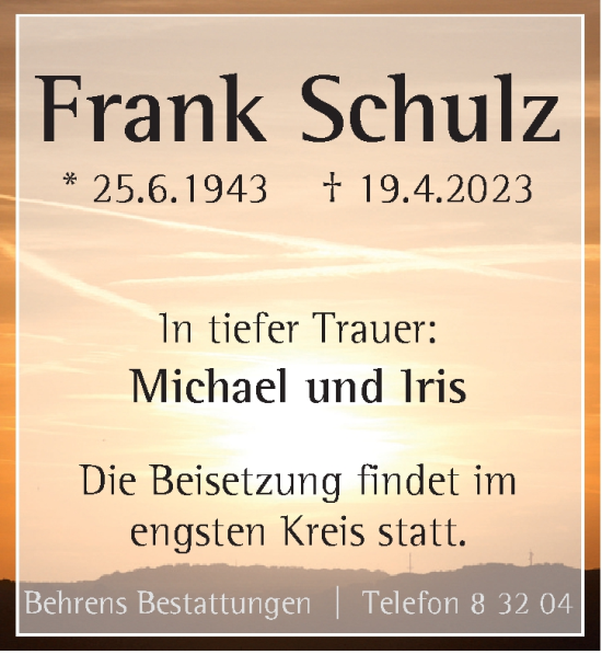Traueranzeige von Frank Schulz von Neue Braunschweiger am Samstag