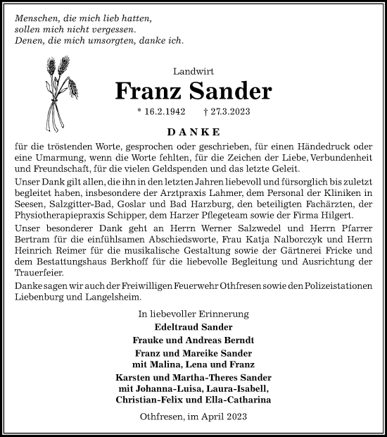 Traueranzeige von Franz Sander von Salzgitter-Zeitung