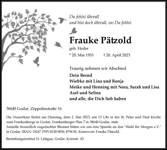 Traueranzeige von Frauke Pätzold von Braunschweiger Zeitung