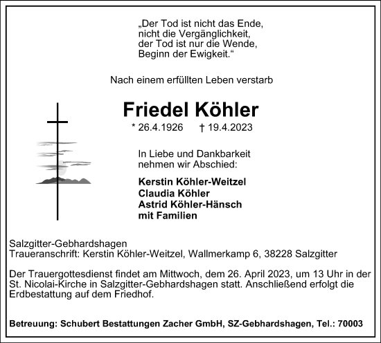 Traueranzeige von Friedel Köhler von Salzgitter-Zeitung