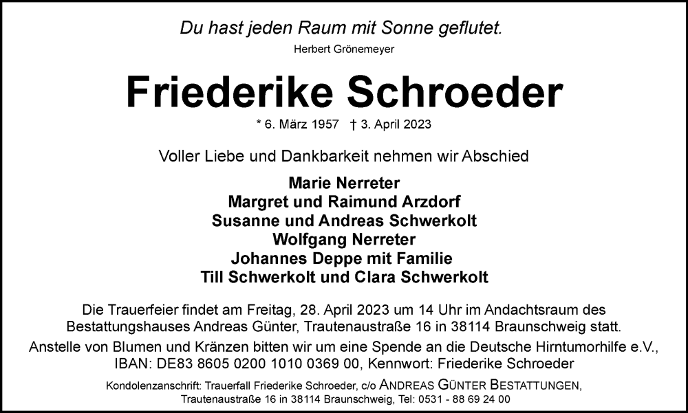  Traueranzeige für Friederike Schroeder vom 15.04.2023 aus Braunschweiger Zeitung
