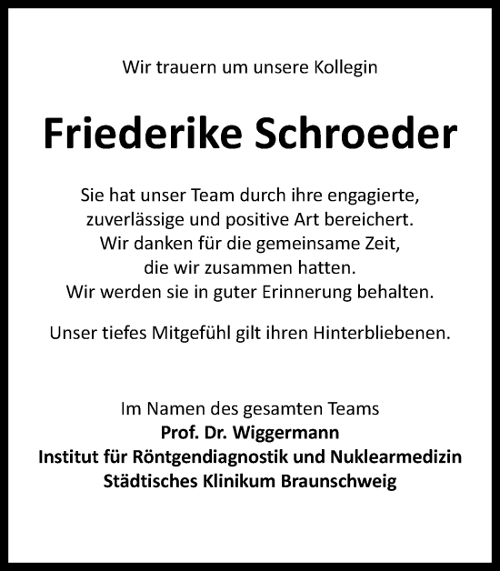 Traueranzeige von Friederike Schroeder von Braunschweiger Zeitung
