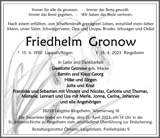 Traueranzeige von Friedhelm Gronow von Salzgitter-Zeitung