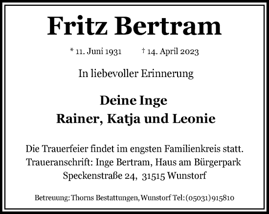 Traueranzeige von Fritz Bertram von Braunschweiger Zeitung