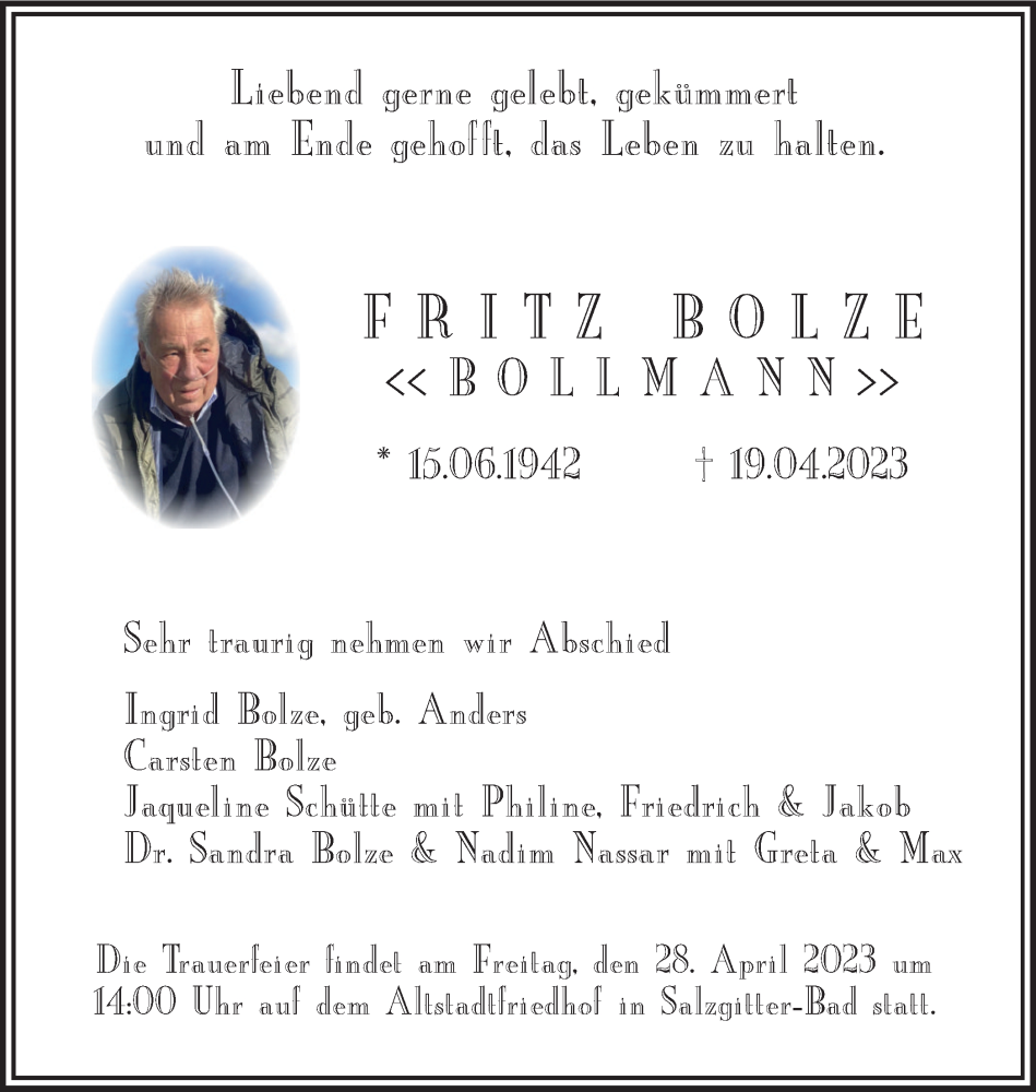  Traueranzeige für Fritz Bolze vom 22.04.2023 aus Salzgitter-Zeitung