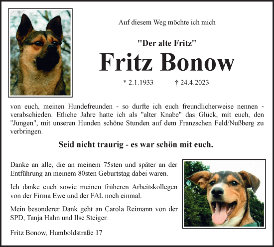 Traueranzeige von Fritz Bonow von Braunschweiger Zeitung