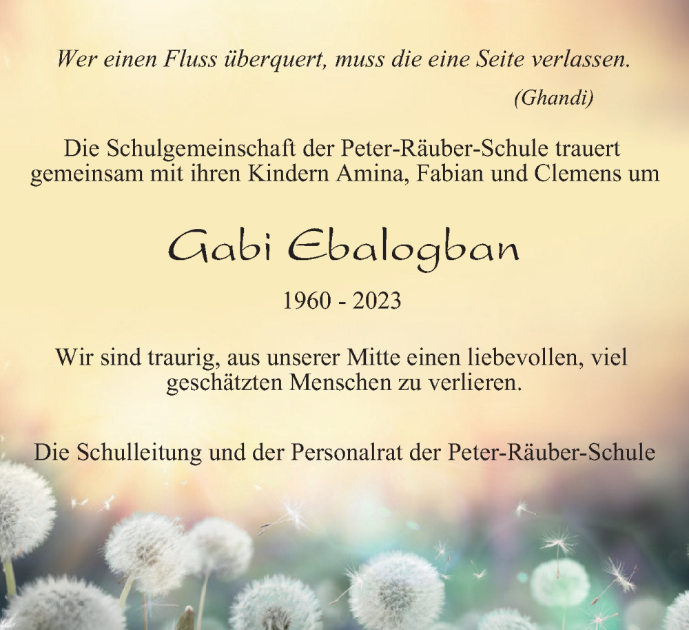  Traueranzeige für Gabi Ebalogban vom 08.04.2023 aus Wolfenbütteler Zeitung