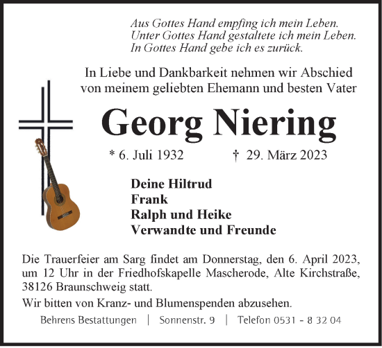 Traueranzeige von Georg Niering von Braunschweiger Zeitung