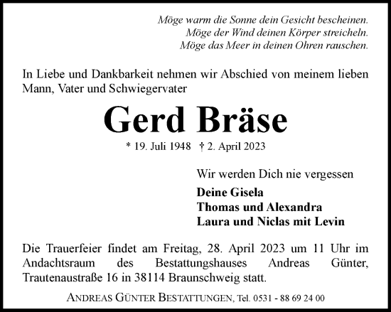 Traueranzeige von Gerd Bräse von Braunschweiger Zeitung