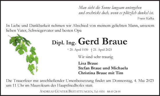 Traueranzeige von Gerd Braue von Braunschweiger Zeitung