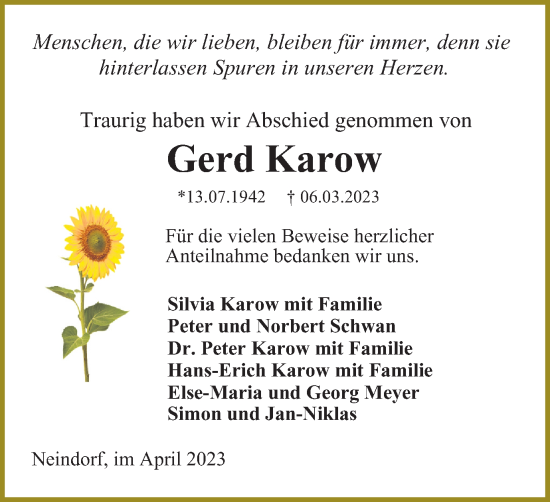 Traueranzeige von Gerd Karow von Wolfenbütteler Zeitung
