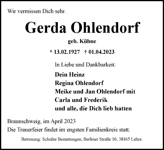 Traueranzeige von Gerda Ohlendorf von Braunschweiger Zeitung