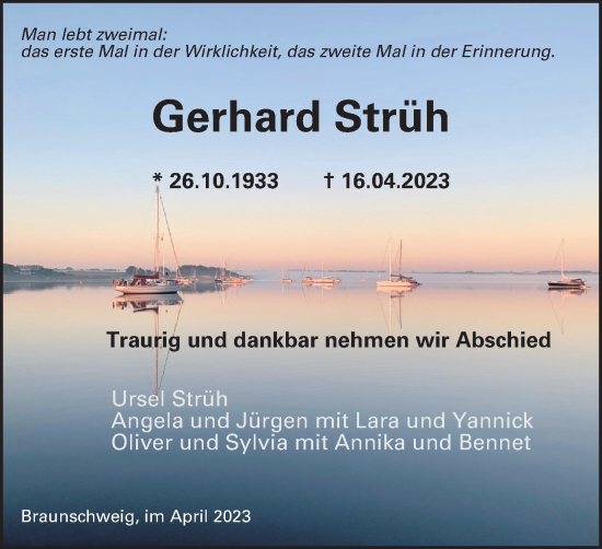 Traueranzeige von Gerhard Strüh von Braunschweiger Zeitung