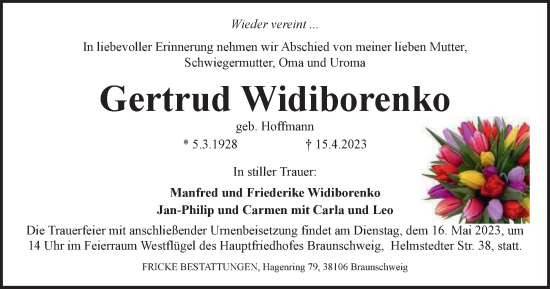 Traueranzeige von Gertrud Widiborenko von Braunschweiger Zeitung