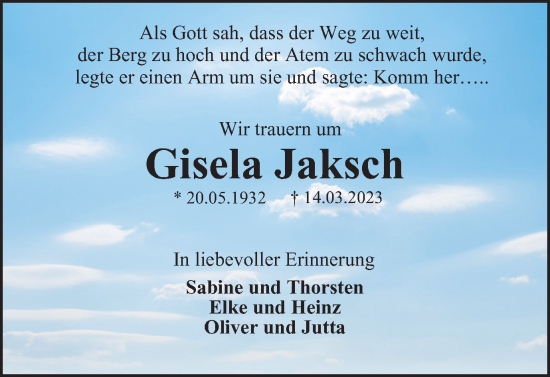 Traueranzeige von Gisela Jaksch von Braunschweiger Zeitung
