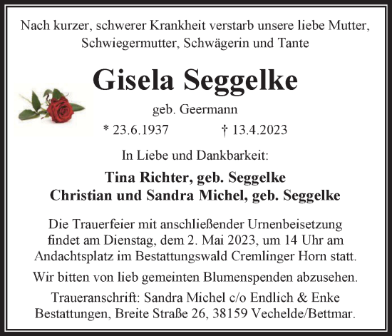 Traueranzeige von Gisela Seggelke von Wolfenbütteler Zeitung