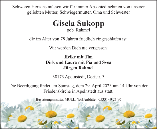 Traueranzeige von Gisela Sukopp von Wolfenbütteler Zeitung