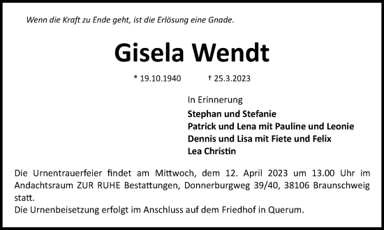 Traueranzeige von Gisela Wendt von Braunschweiger Zeitung