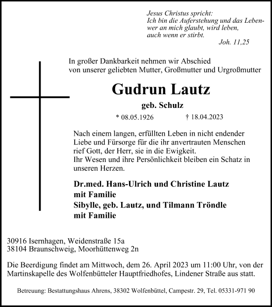 Traueranzeige von Gudrun Lautz von Braunschweiger Zeitung