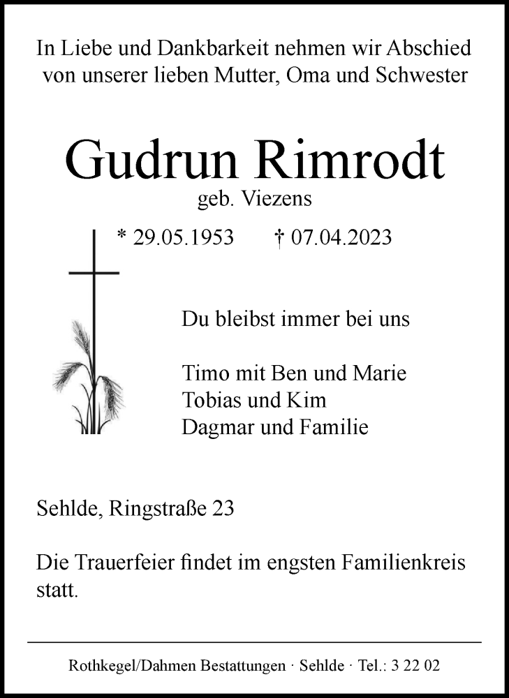  Traueranzeige für Gudrun Rimrodt vom 22.04.2023 aus Salzgitter-Zeitung