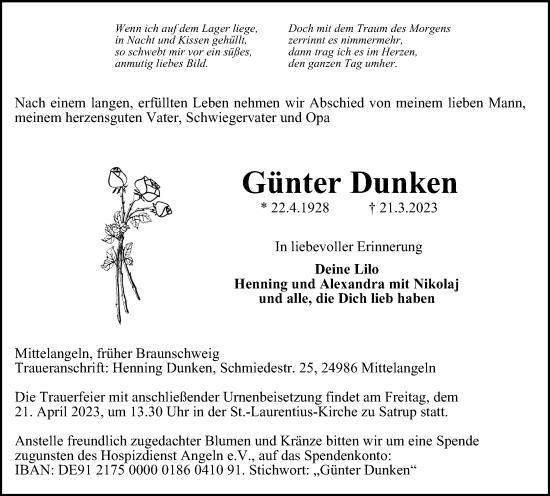 Traueranzeige von Günter Dunken von Braunschweiger Zeitung