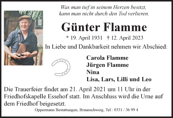 Traueranzeige von Günter Flamme von Braunschweiger Zeitung