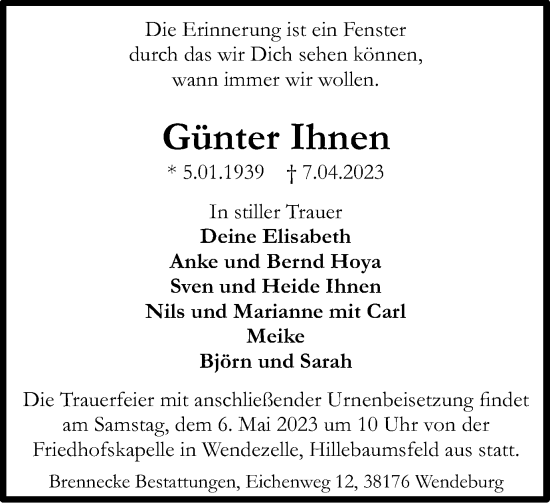 Traueranzeige von Günter Ihnen von Braunschweiger Zeitung