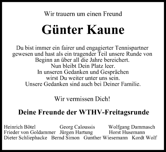 Traueranzeige von Günter Kaune von Wolfenbütteler Zeitung