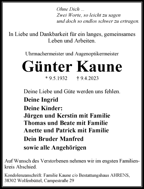 Traueranzeige von Günter Kaune von Wolfenbütteler Zeitung