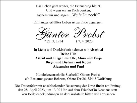 Traueranzeige von Günter Probst von Wolfsburger Nachrichten